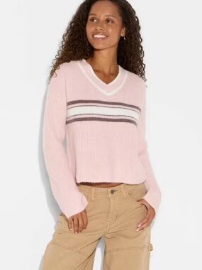 Wild Fable Women's V-Neck Pullover Soft Sweater Light Pink Rugby Striped M